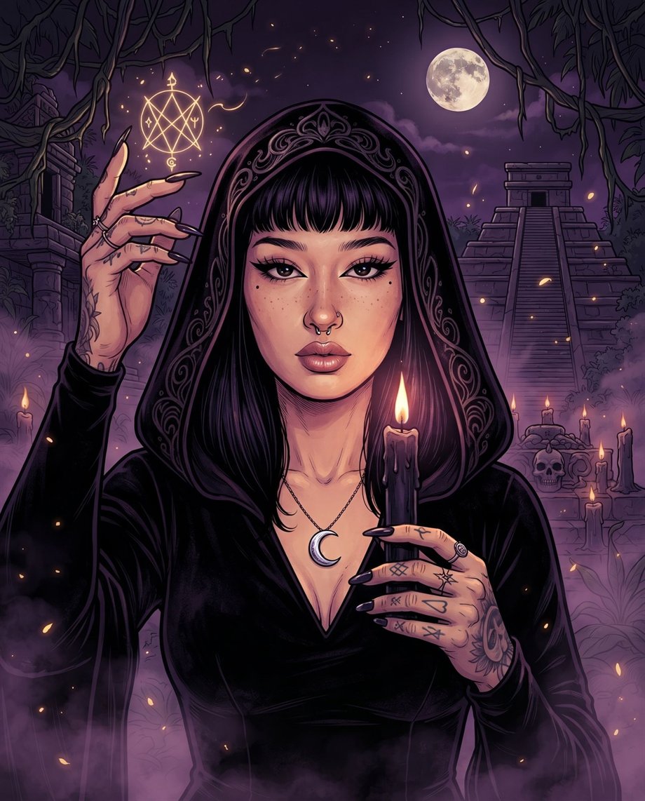 Xini Cósmika como bruja, con una vela encendida entre ruinas a la luz de la luna
